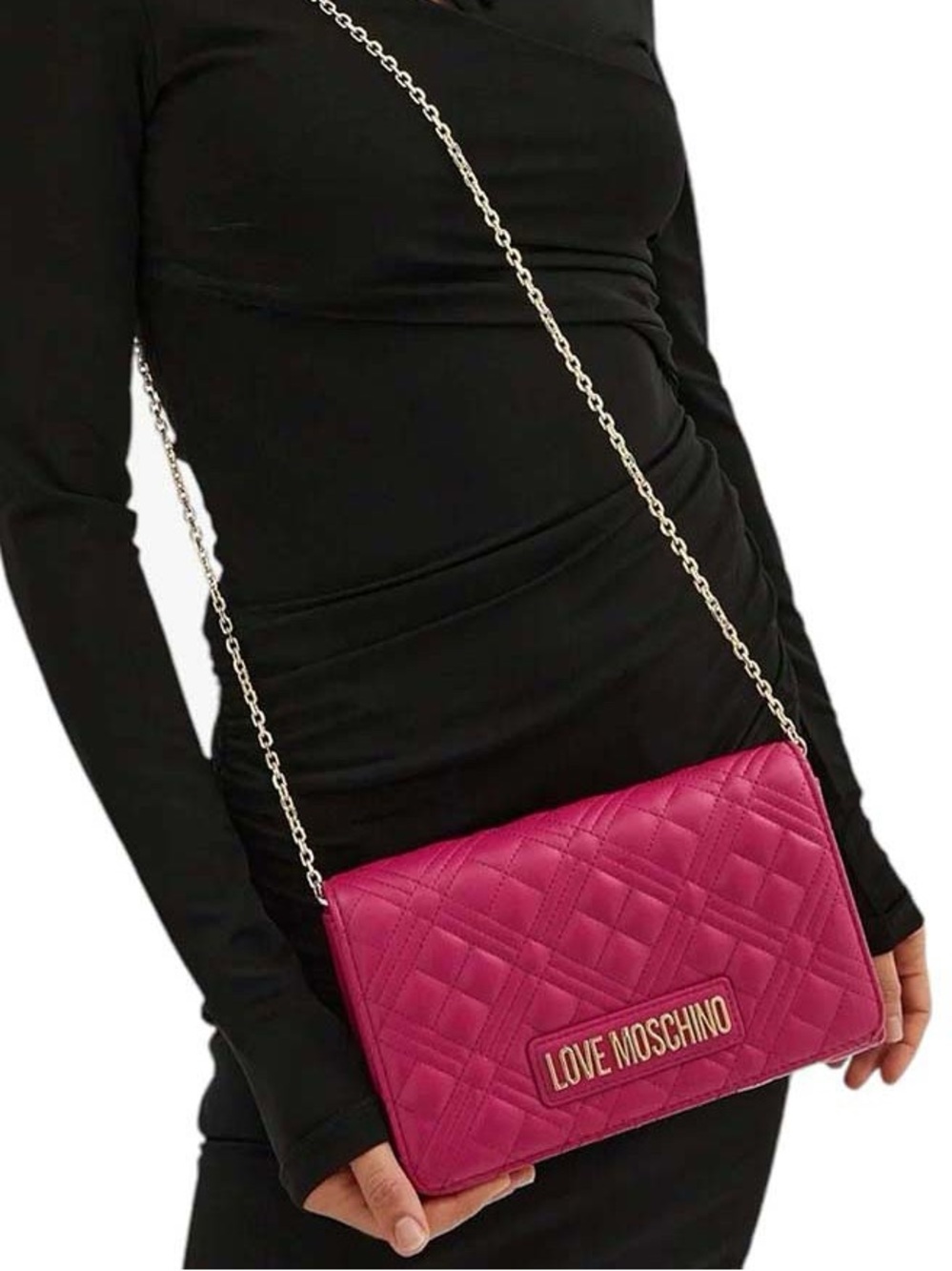 Authentic Moschino Pink Quilted Love Logo Purse with Gold chain Sling